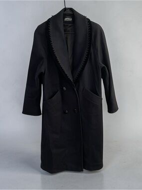 Vintage 90s Black Wool Trench Coat Velvet Trim Dark Academia Goth Long Coat